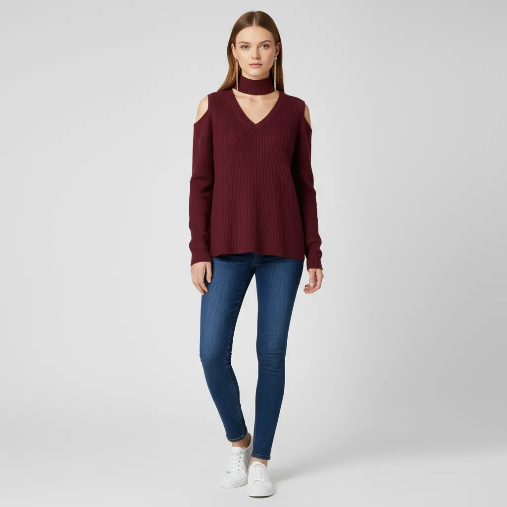 Women's Burgundy Ribbed Cold-Shoulder Sweater with Detachable Choker - Custom Stylish Casual Apparel