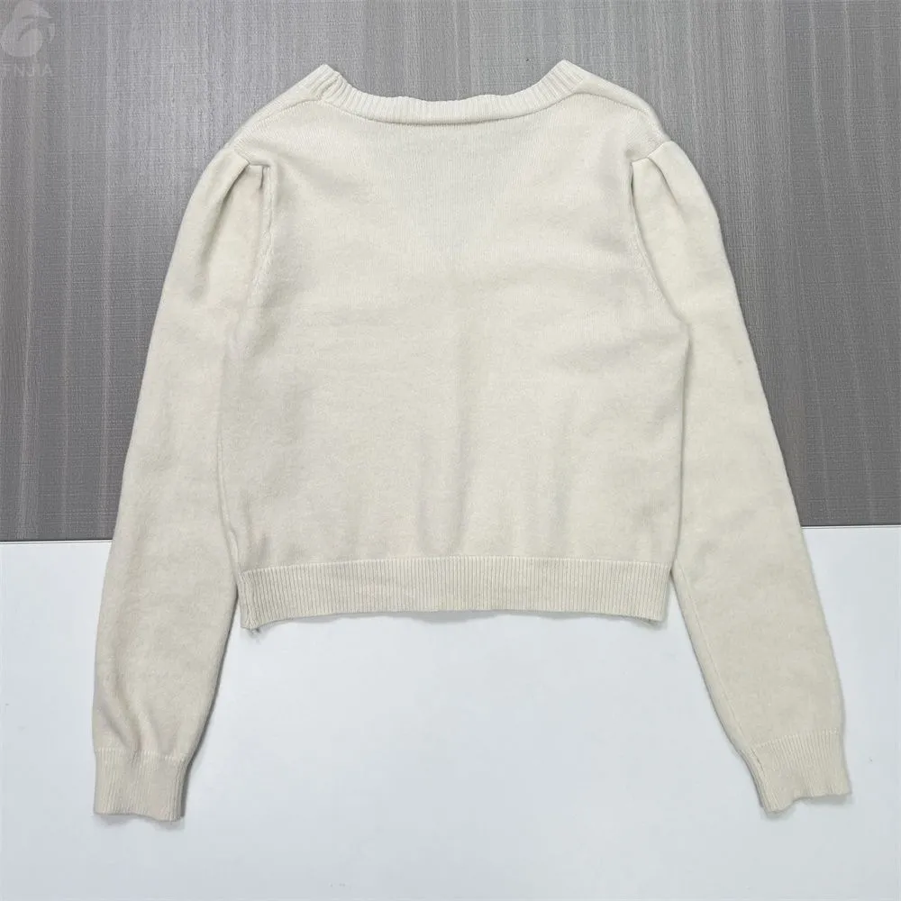 Women's Cream V-Neck Cropped Knit Cardigan with Embellished Buttons