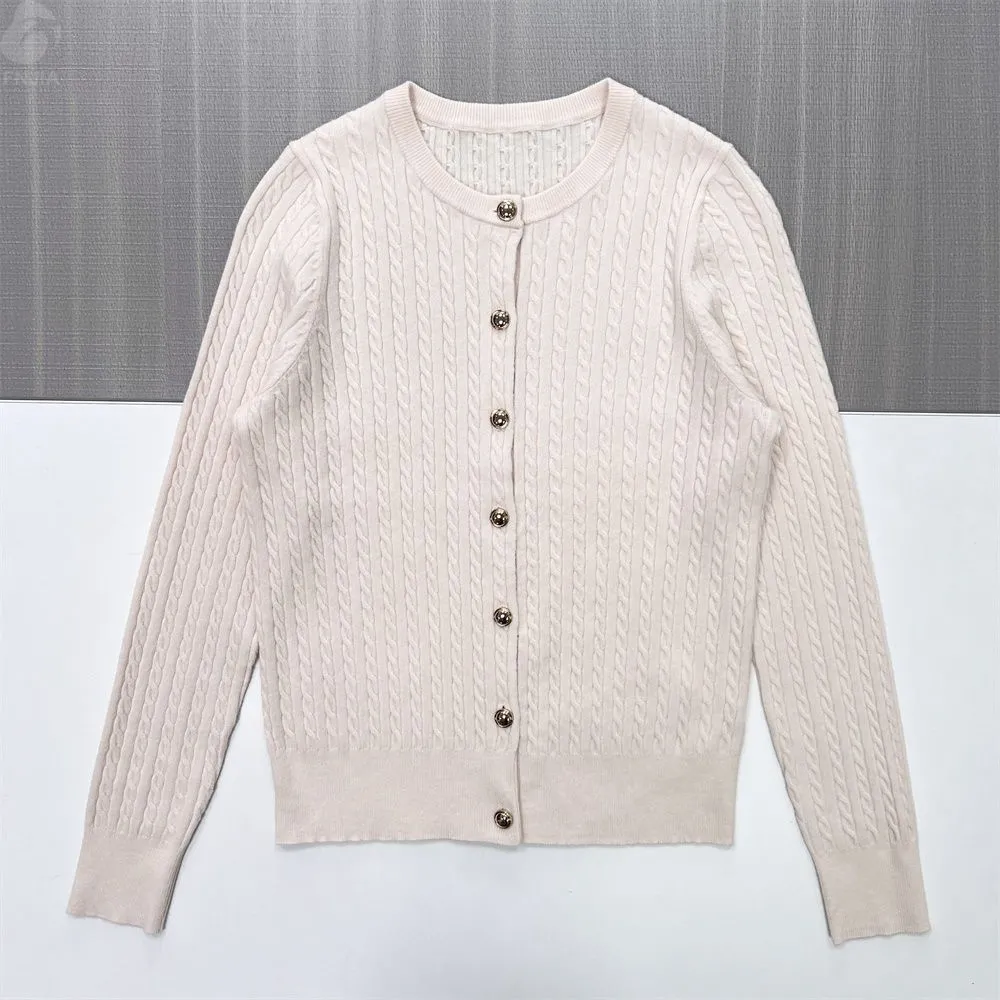 Women's Beige Cable-Knit Crew Neck Cardigan - Custom Classic Textured Apparel