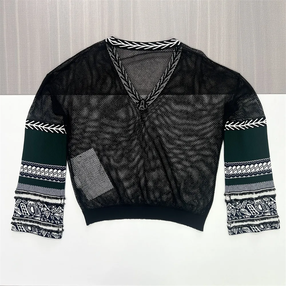 Women's Black Mesh V-Neck Sweater with Patterned Sleeves - Custom Bohemian Casual Apparel