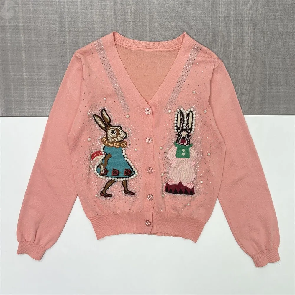 Women's Blush Pink Knit Cardigan with Bunny Embroidery & Pearl Accents - Custom Whimsical Statement Apparel