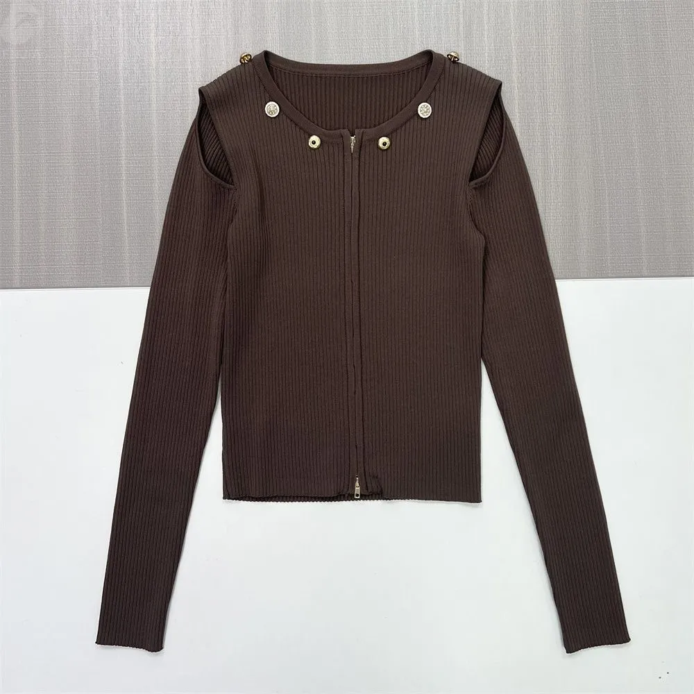 Women's Chocolate Rib-Knit Cold-Shoulder Zip-Up Cardigan - Custom Edgy Fashion-Forward Apparel