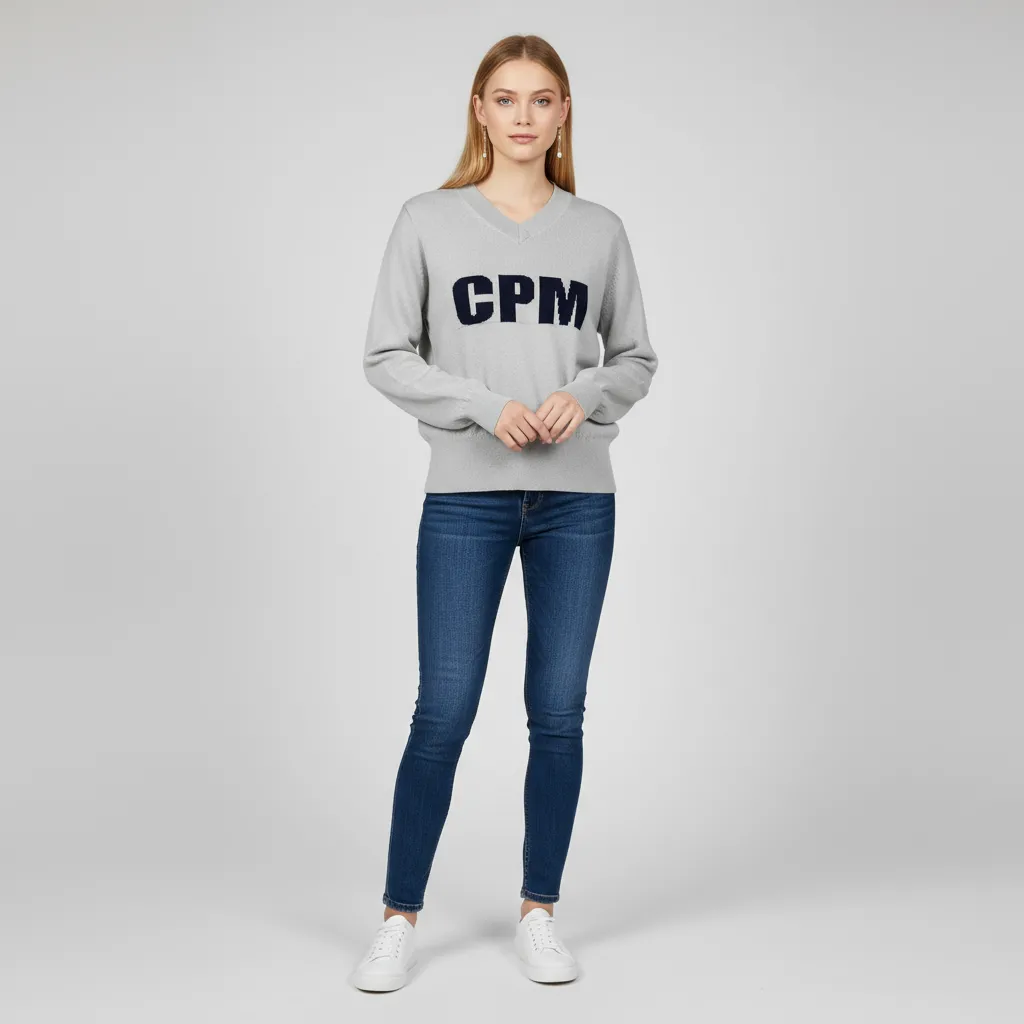 Women's Light Gray V-Neck Branded Long-Sleeve Sweater - Custom Logo-Embellished Casual Apparel