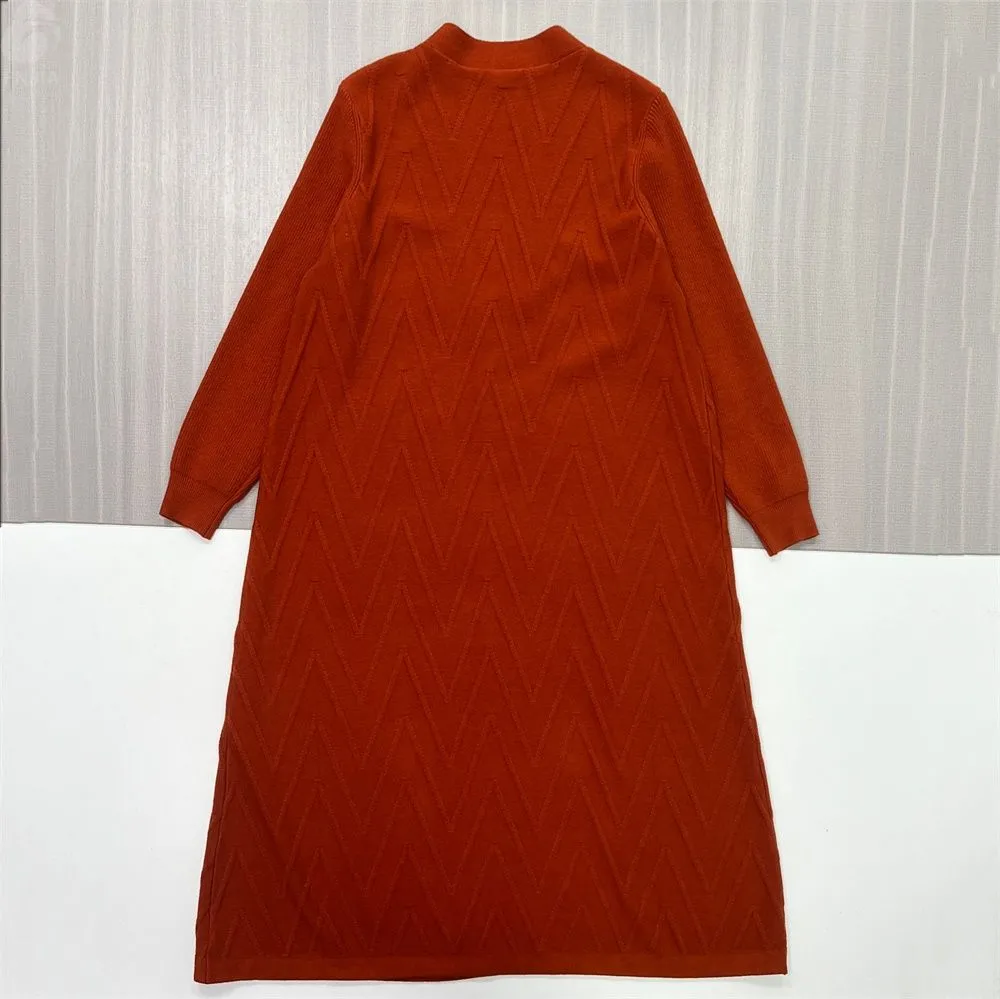 Women's Terracotta Chevron-Knit Longline Open-Front Cardigan with Pockets - Custom Versatile Casual Outerwear