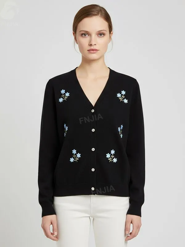 Women's Black V-Neck Knit Cardigan with Light Blue Floral Embroidery - Custom Delicate Casual Apparel