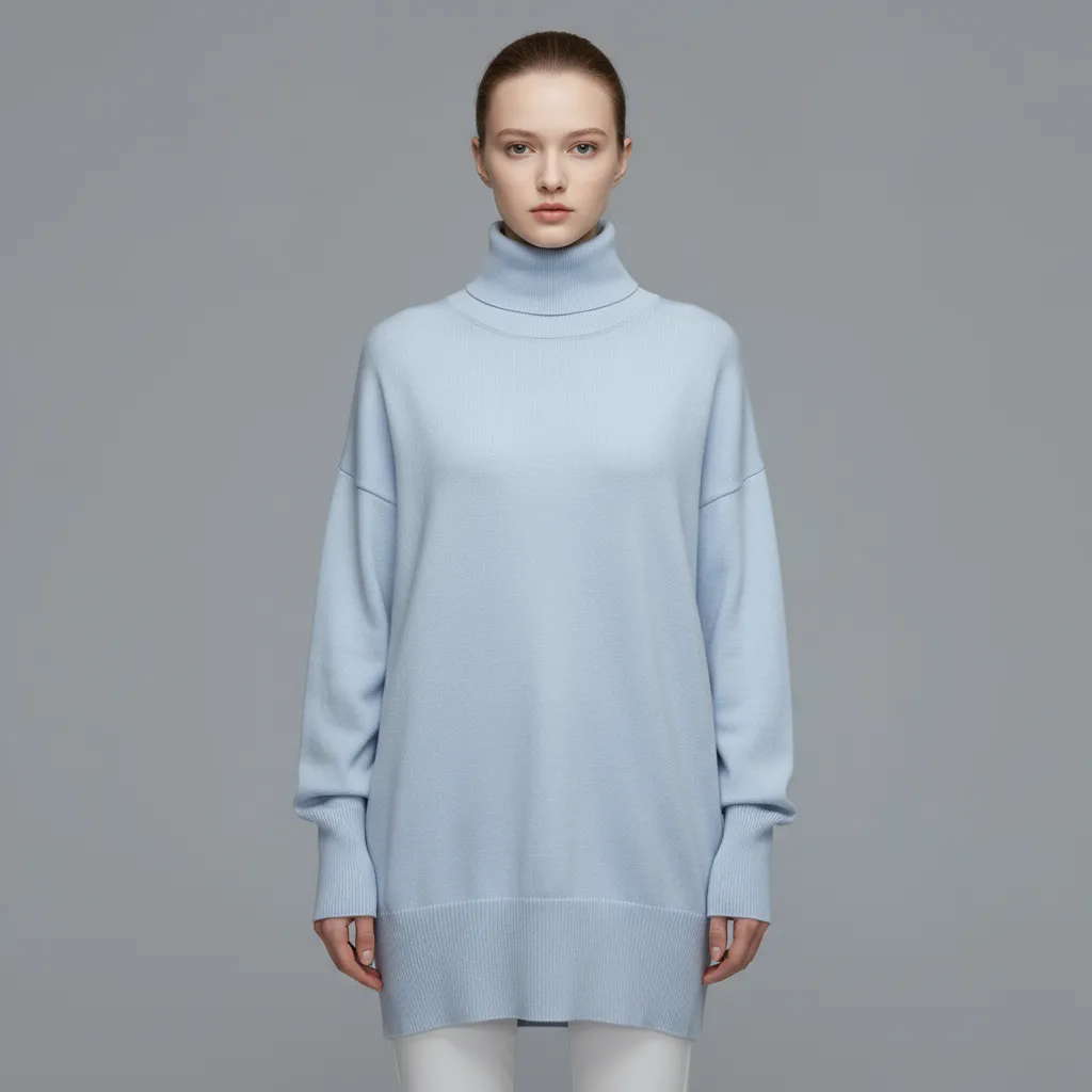 Women's Light Blue Oversized Turtleneck Sweater Dress - Custom Minimalist Casual Apparel