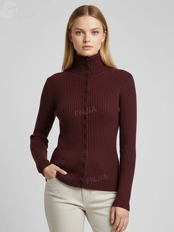 Women's Burgundy Rib-Knit Turtleneck Button-Front Cardigan - Custom Sleek Smart-Casual Apparel
