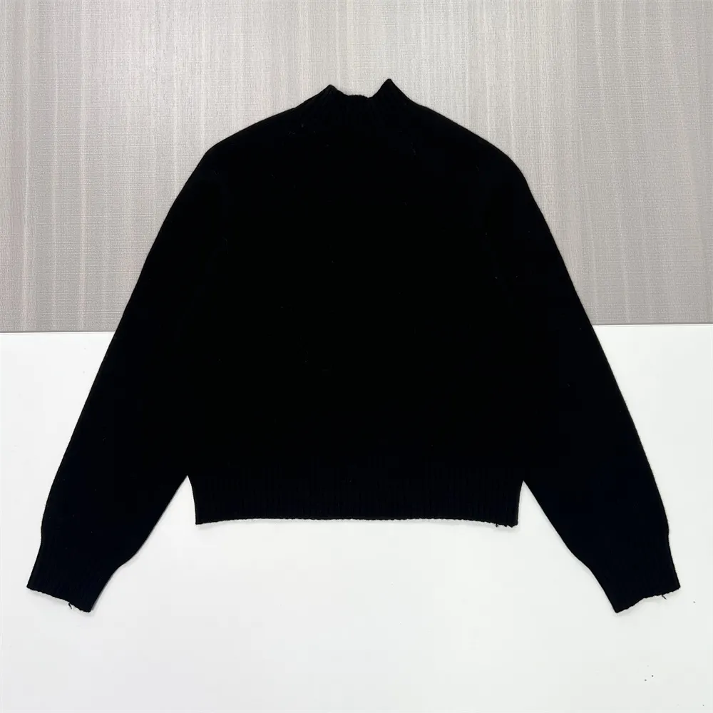Women's Black Cropped Mock Neck Sweater with Subtle Texture - Custom Modern Casual Apparel