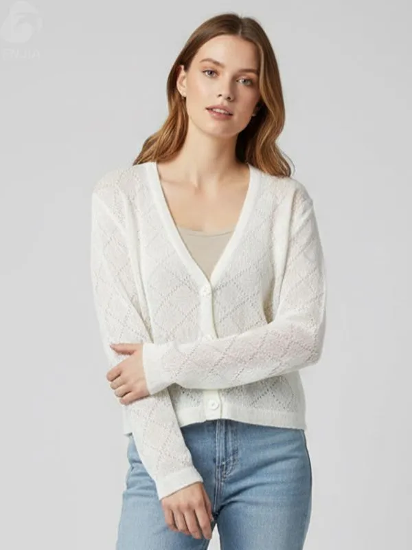 Women's Ivory Ombre Open-Knit Cropped V-Neck Cardigan