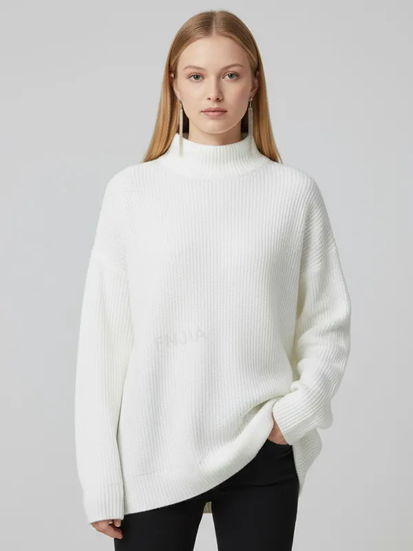 Women's Ivory Oversized Ribbed Turtleneck Sweater - Custom Cozy Minimalist Apparel