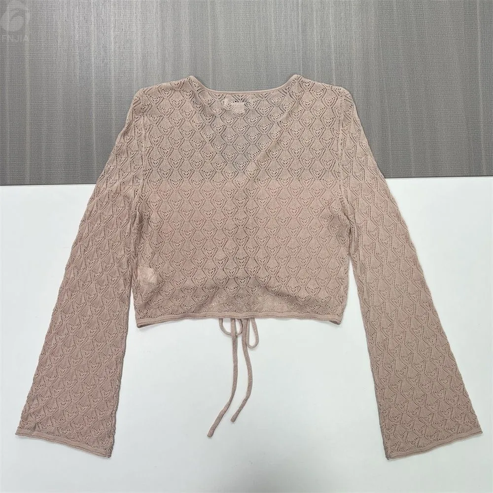 Women's Blush Lace-Knit Ruched Cropped Cardigan - Custom Romantic Casual Apparel