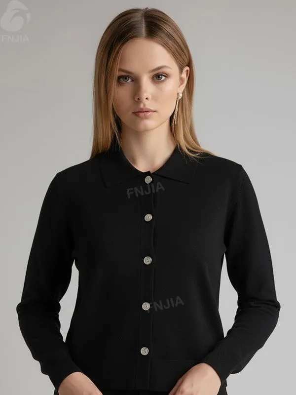 Women's Black Cropped Polo-Collar Knit Cardigan - Custom Sleek Smart-Casual Apparel