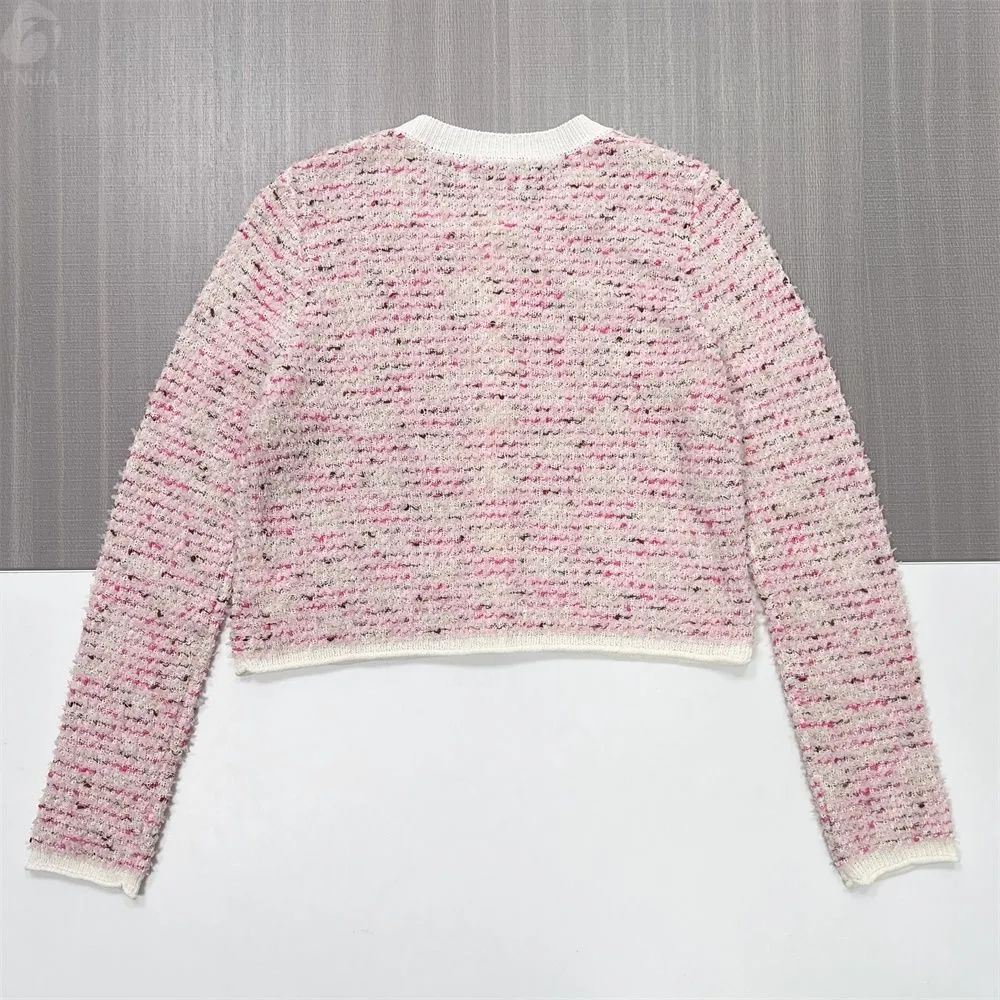 Women's Pink Tweed Cropped Cardigan with Pearl Buttons & Contrast Pockets