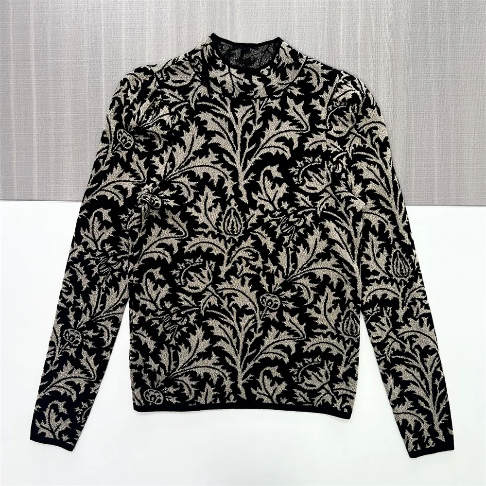Women's Black & Beige Turtleneck Sweater with Floral-Vine Pattern - Custom Elegant Statement Apparel