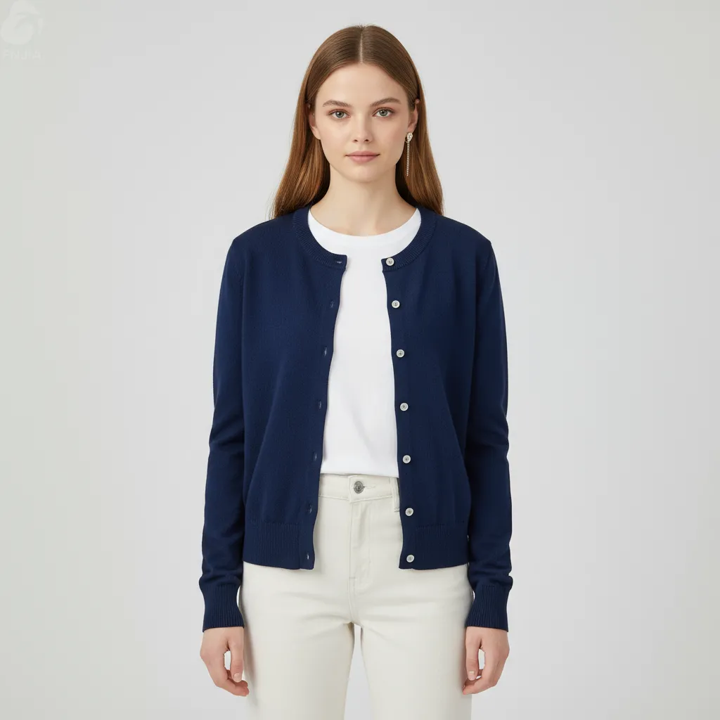 Women's Navy Round-Neck Knit Cardigan - Custom Timeless Minimalist Apparel