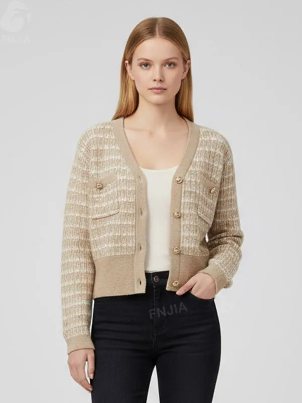 Women's Beige Tweed Check Cropped Knit Cardigan (Chanel-Style) - Custom Elegant Smart-Casual Apparel