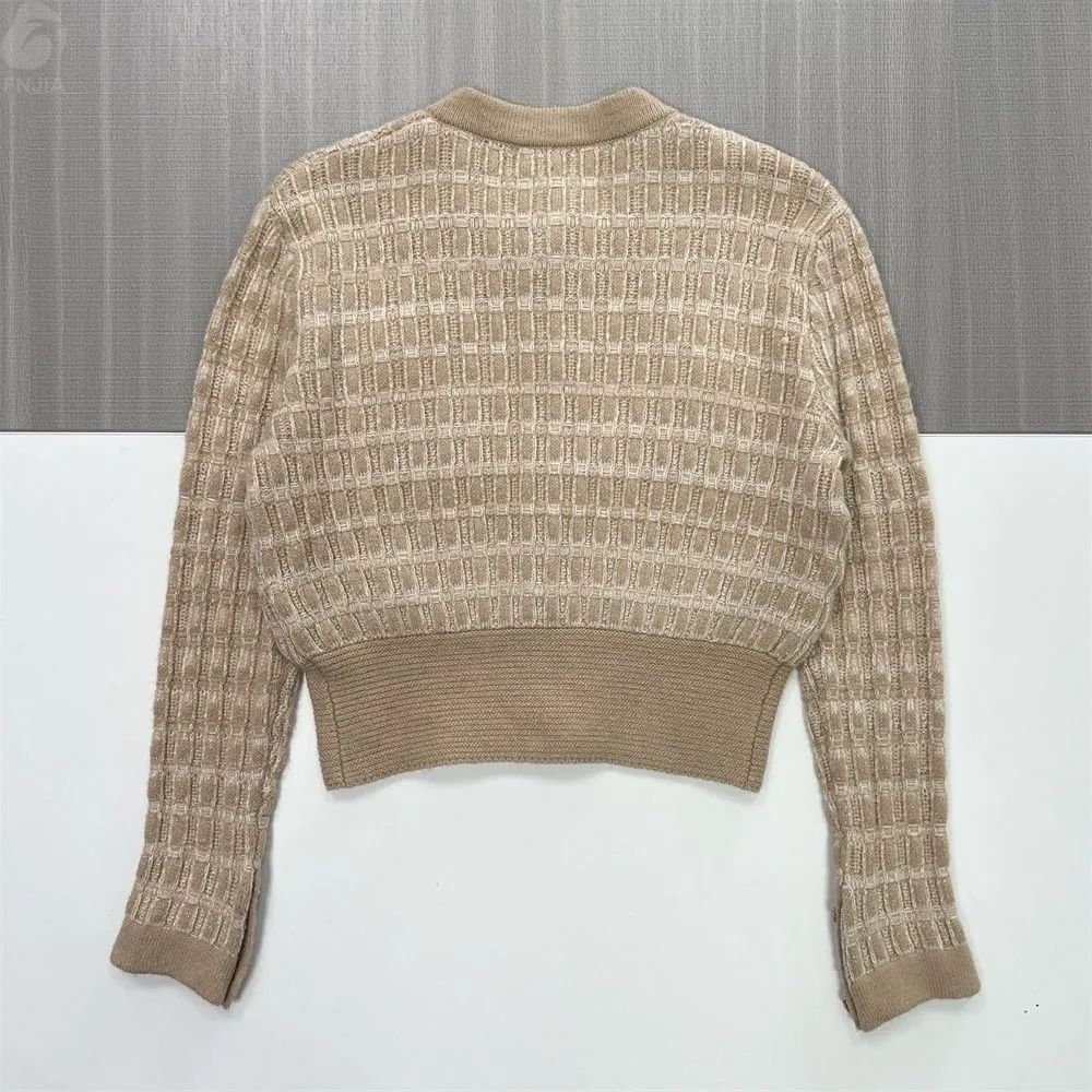 Women's Beige Tweed Check Cropped Knit Cardigan (Chanel-Style) - Custom Elegant Smart-Casual Apparel