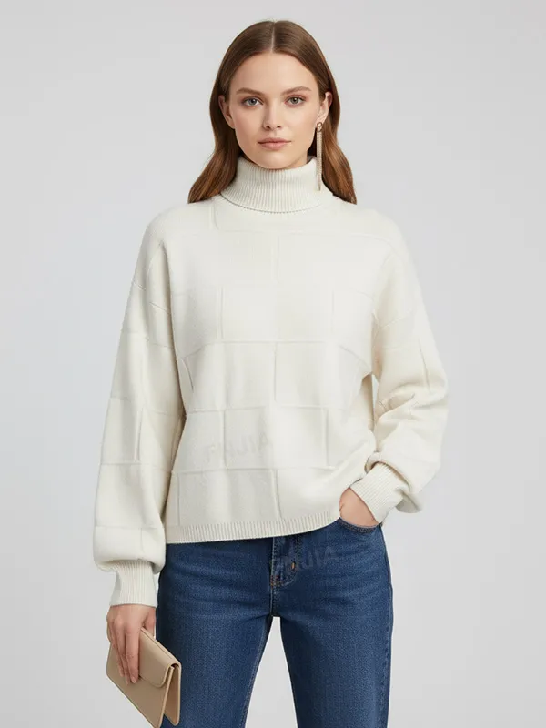 Women's Ivory Oversized Turtleneck Sweater with Grid Texture - Custom Modern Textured Apparel