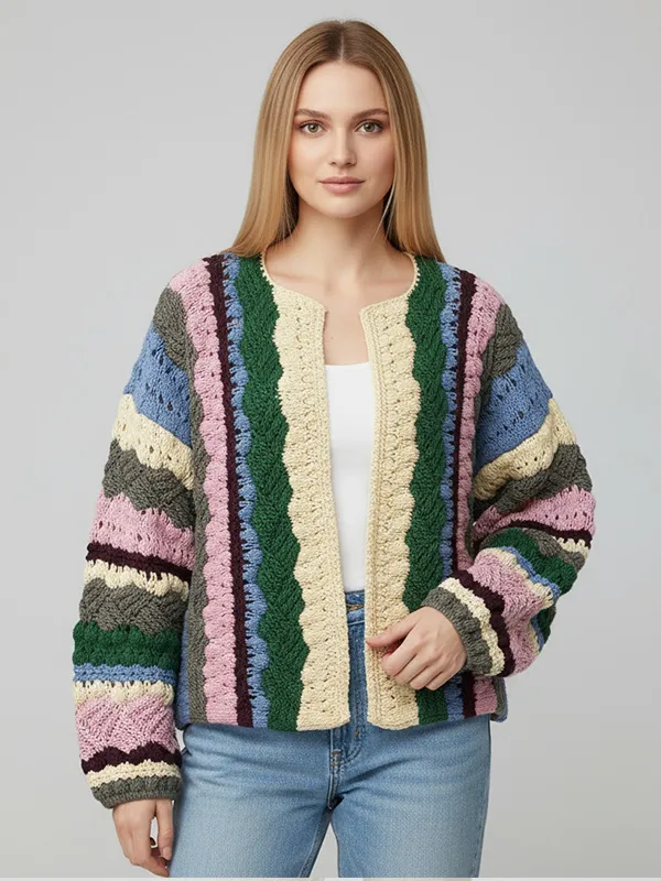 Women's Multi-Color Crochet Striped Cardigan - Custom Bohemian Playful Casual Apparel
