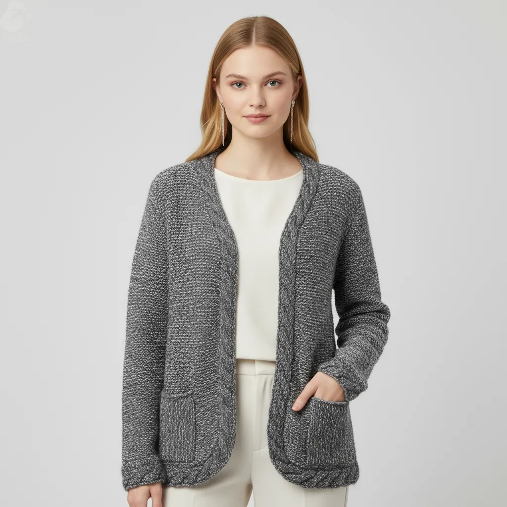 Women's Heather Grey Cable-Knit Open-Front Cardigan with Decorative Bow & Pockets