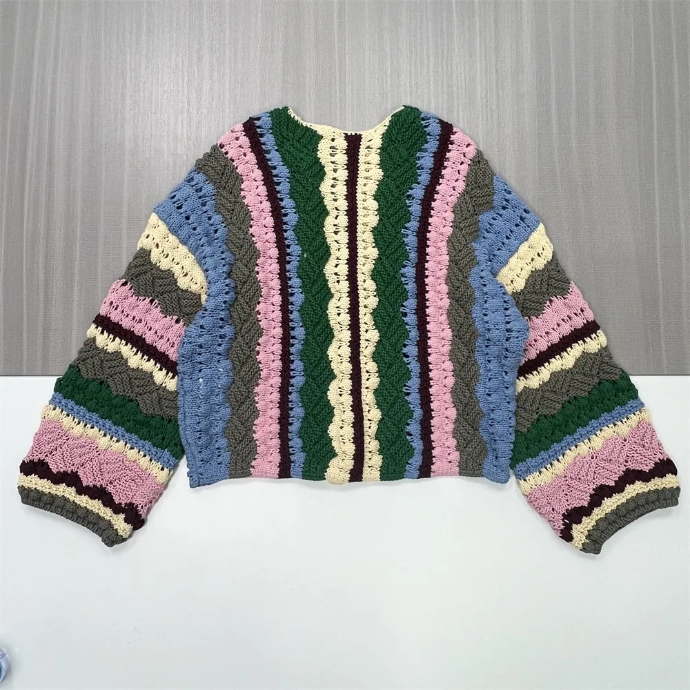Women's Multi-Color Crochet Striped Cardigan - Custom Bohemian Playful Casual Apparel