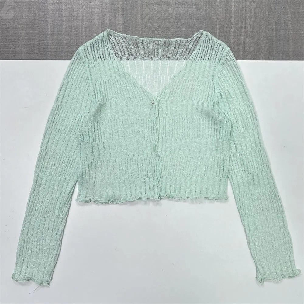 Women's Mint Green Sheer Rib-Knit Cropped Cardigan with Scalloped Hem