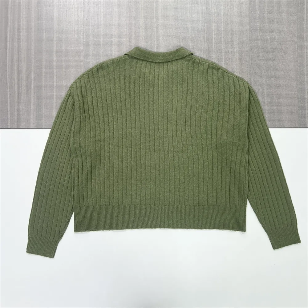 Women's Olive Green Ribbed Polo Collar Long-Sleeve Knit Top - Custom Relaxed Casual Apparel