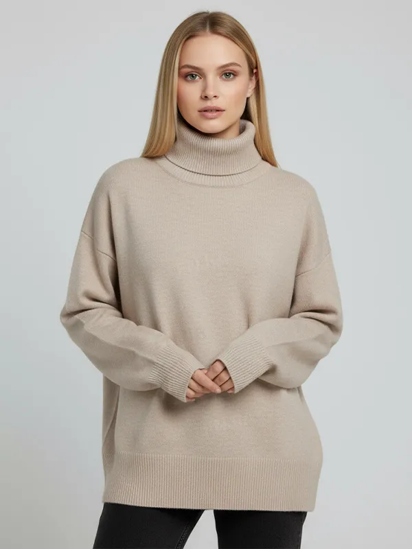 Women's Beige Oversized Turtleneck Sweater - Custom Relaxed Casual Apparel
