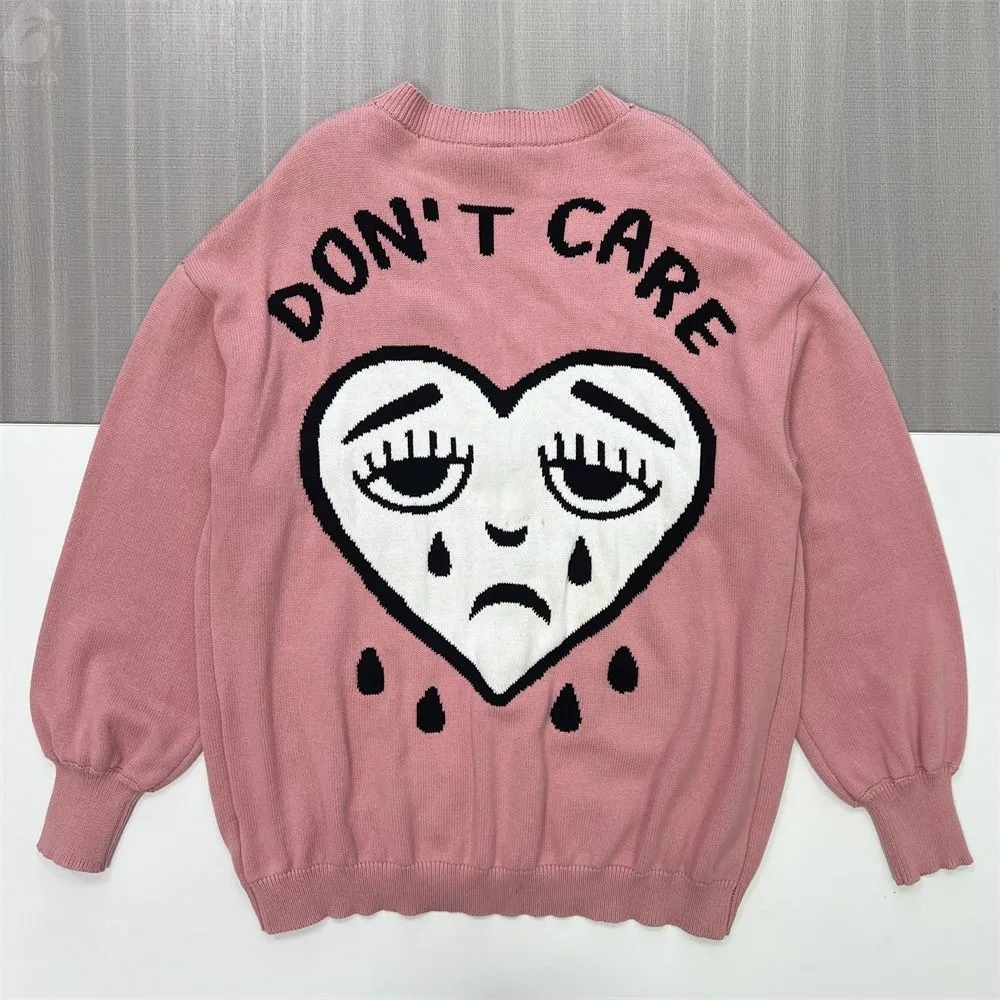 Women's Blush Pink Knit Cardigan with "Don't Care" Graphic & Heart Motif - Custom Edgy Statement Apparel