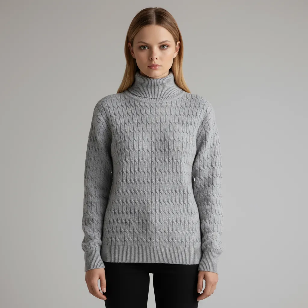 Women's Light Gray Oversized Turtleneck Sweater with All-Over Cable Knit - Custom Textured Casual Apparel