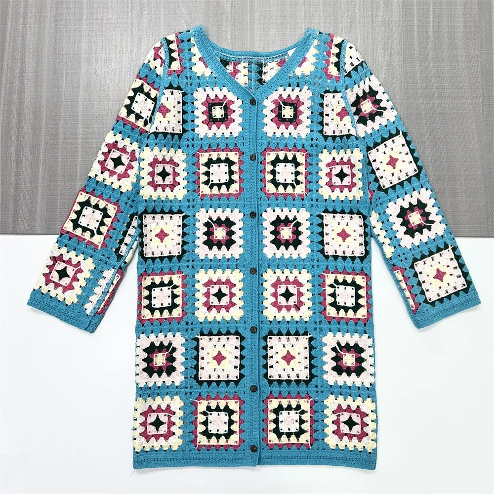 Women's Turquoise Granny Square Crochet Cardigan - Custom Bohemian Casual Outerwear