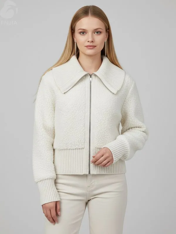 Women's Ivory Sherpa-Knit Cropped Jacket with Wide Collar & Full Zip