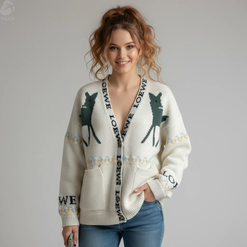 Women's Cream Knit Cardigan with Deer & Logo Intarsia - Custom Whimsical Statement Apparel