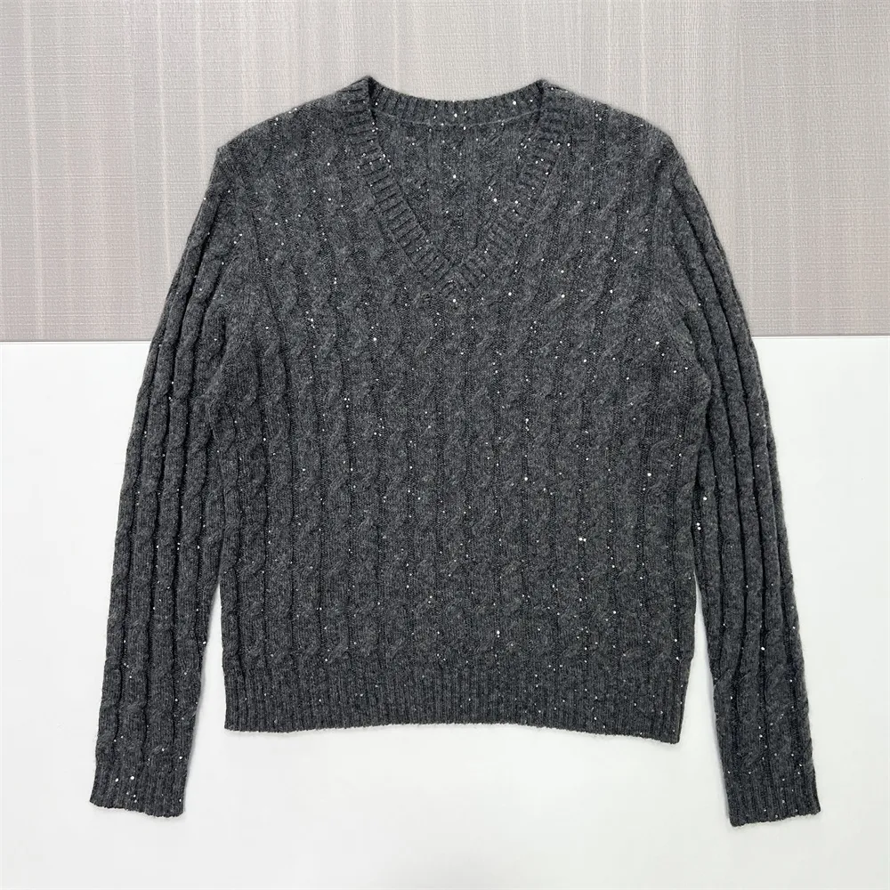 Women's Charcoal Cable-Knit Glitter V-Neck Sweater - Custom Sparkle Smart-Casual Apparel
