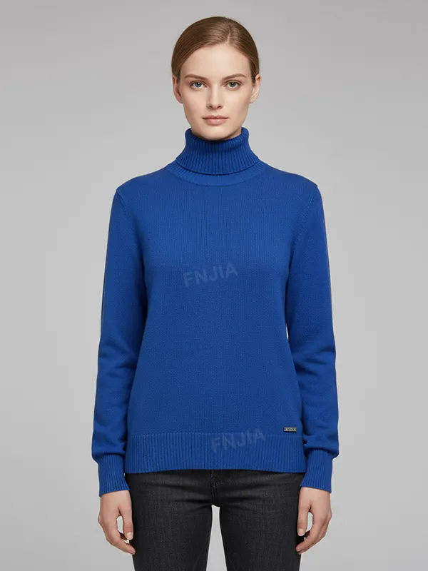 Women's Royal Blue Slim-Fit Turtleneck Sweater with Subtle Branding - Custom Classic Bold Apparel