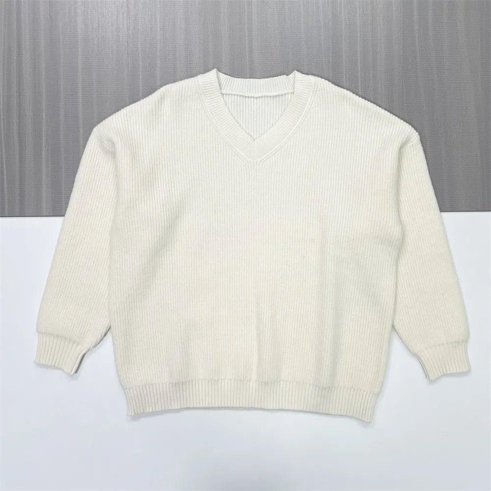 Women's Ivory Ribbed V-Neck Oversized Sweater - Custom Versatile Smart-Casual Apparel