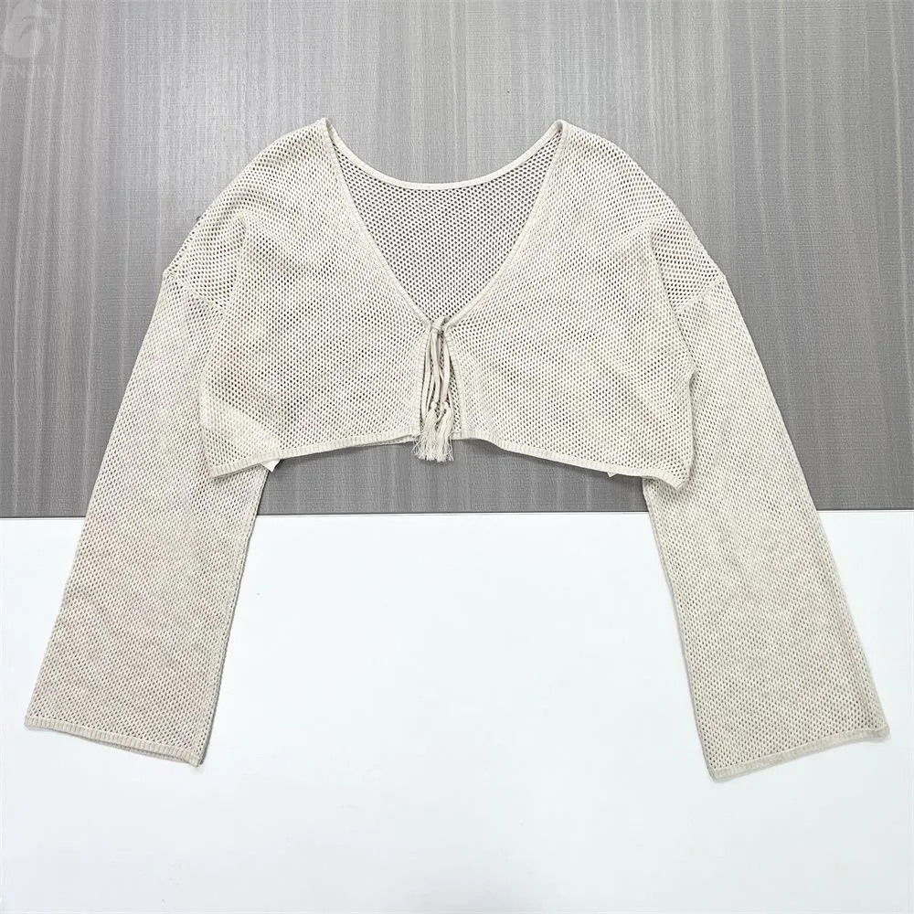 Women's Ivory Open-Knit Tie-Front Cropped Shrug Cardigan