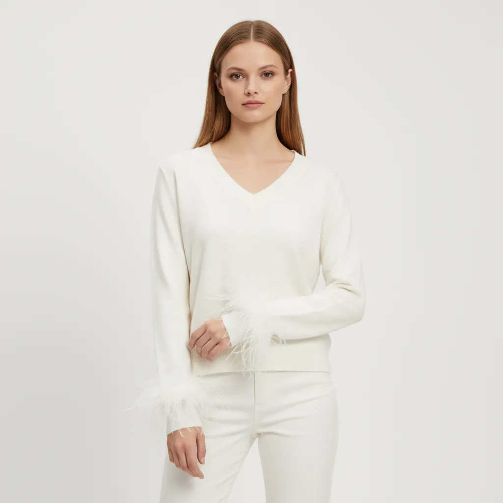 Women's Ivory V-Neck Sweater with Feather Cuff Detail - Custom Elegant Casual Apparel