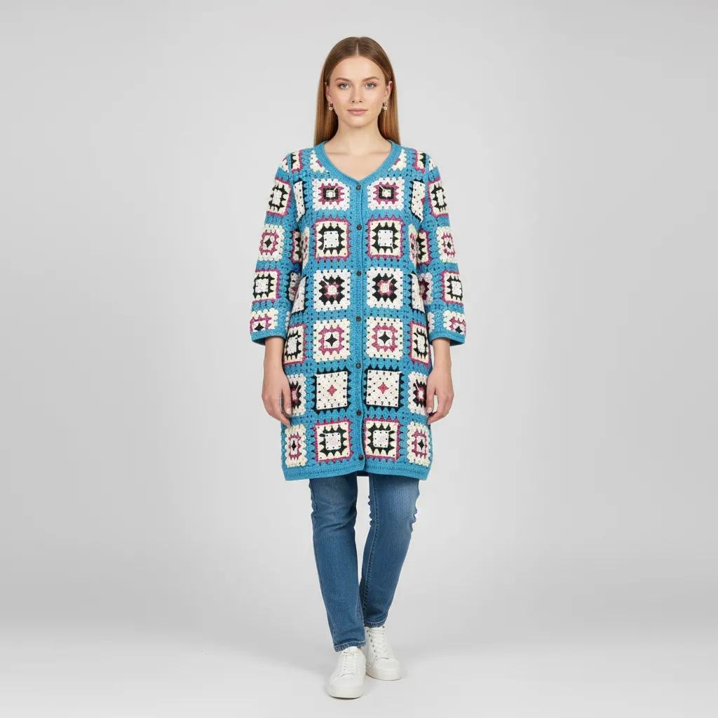 Women's Turquoise Granny Square Crochet Cardigan - Custom Bohemian Casual Outerwear