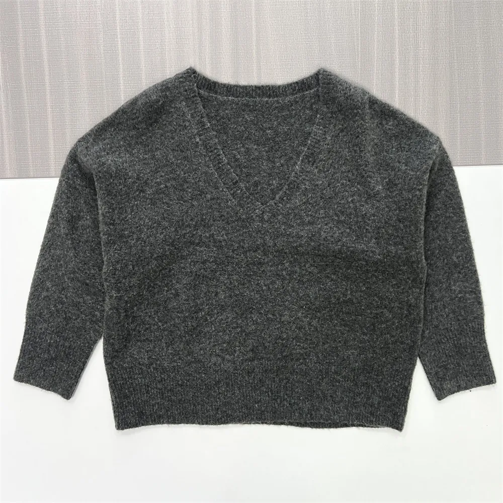 Women's Charcoal Fuzzy V-Neck Oversized Sweater - Custom Cozy Casual Apparel