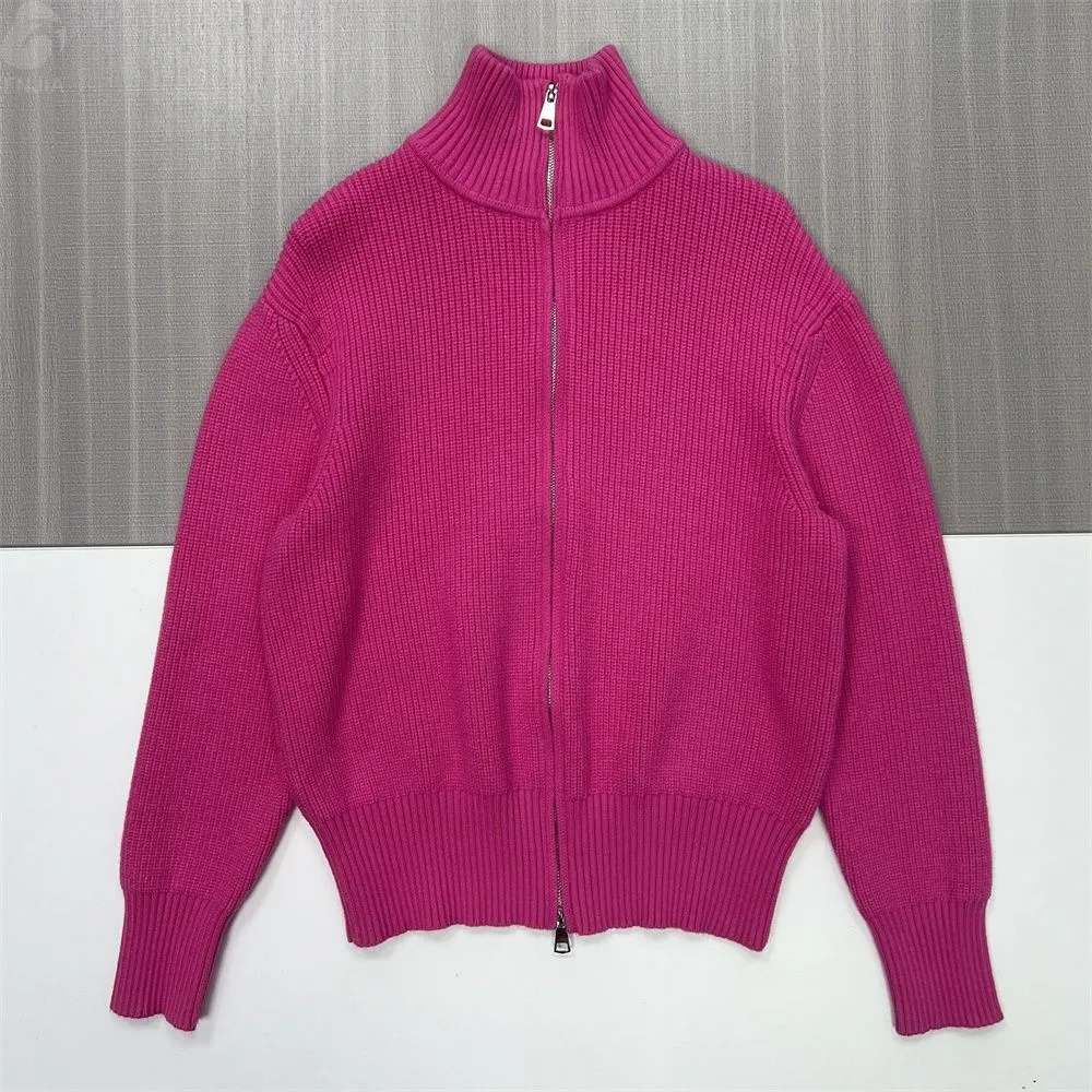 Women's Fuchsia Rib-Knit Turtleneck Zip-Up Cardigan - Custom Bold Modern Apparel