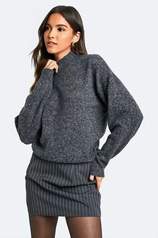 Women's Charcoal Marled Oversized Mock Neck Sweater - Custom Textured Casual Apparel