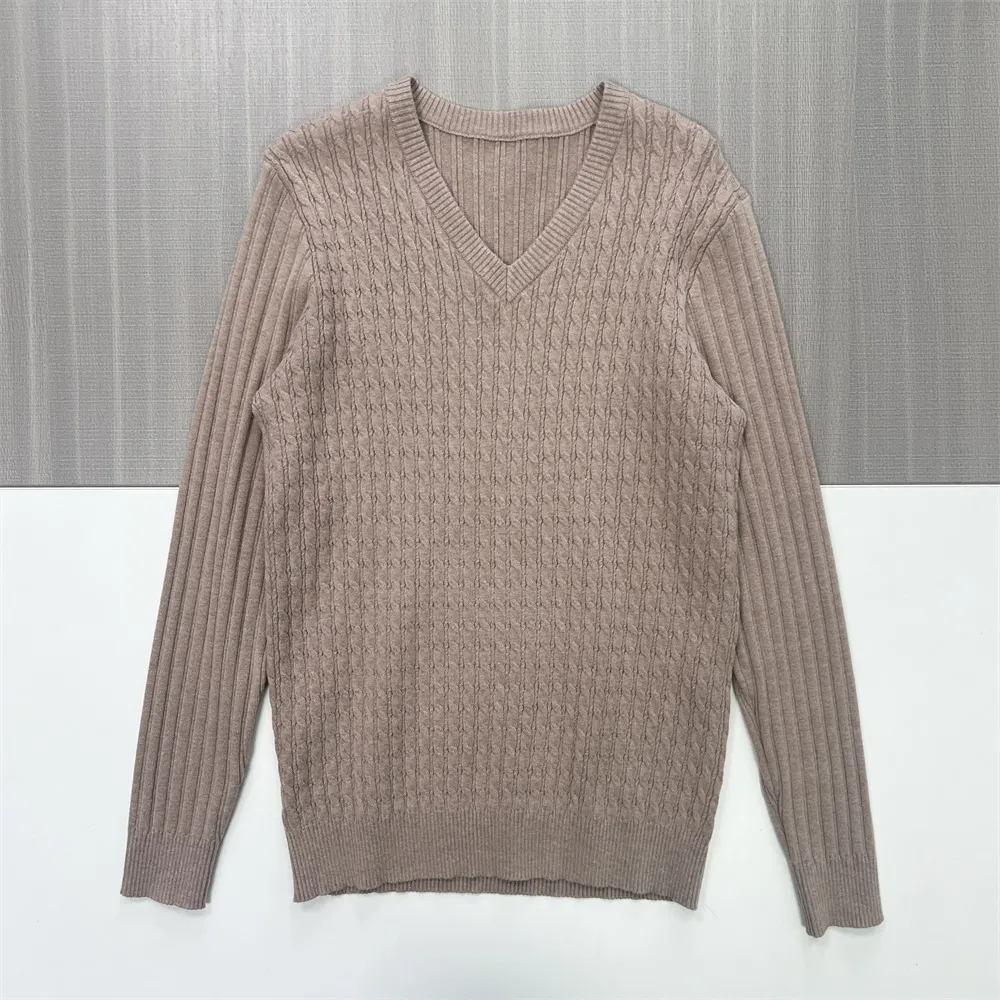Women's Beige Cable-Knit V-Neck Long-Sleeve Sweater - Custom Textured Smart-Casual Apparel