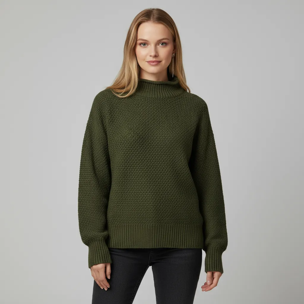 Women's Olive Green Oversized Turtleneck Sweater with Waffle Texture - Custom Cozy Textured Apparel