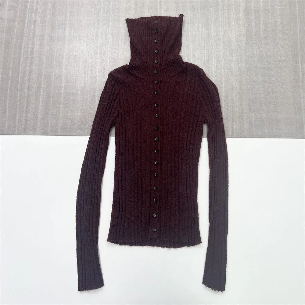Women's Burgundy Rib-Knit Turtleneck Button-Front Cardigan - Custom Sleek Smart-Casual Apparel