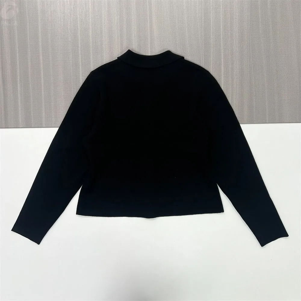 Women's Black Cropped Polo-Collar Knit Cardigan - Custom Sleek Smart-Casual Apparel