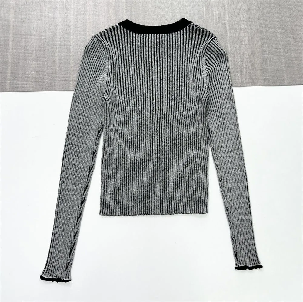 Women's Black & Grey Striped Zip-Up Knit Cardigan with Graphic Print - Custom Edgy Casual Apparel