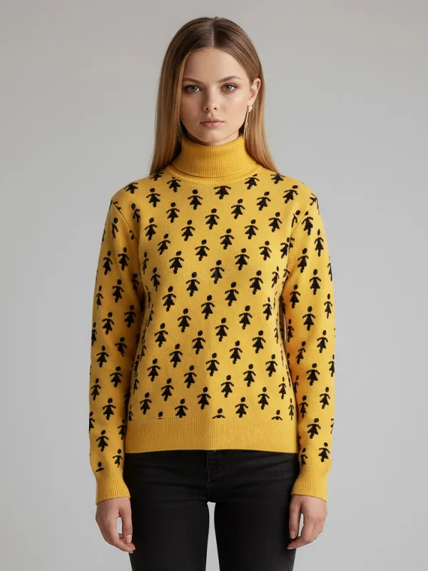 Women's Mustard Yellow Turtleneck Sweater with Custom Figure Pattern - Playful Statement Apparel