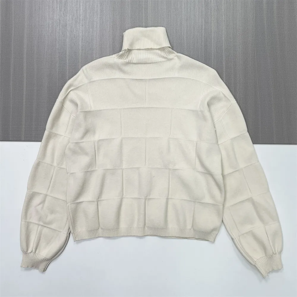 Women's Ivory Oversized Turtleneck Sweater with Grid Texture - Custom Modern Textured Apparel