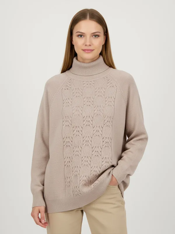 Women's Beige Turtleneck Sweater with Cable Knit & Openwork Detail - Custom Elegant Casual Apparel